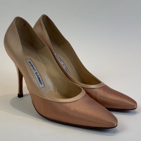 Manolo Blahnik BB Satin Dusky Pink and Champagne Pumps, Size 40EU - Picture 1 of 16